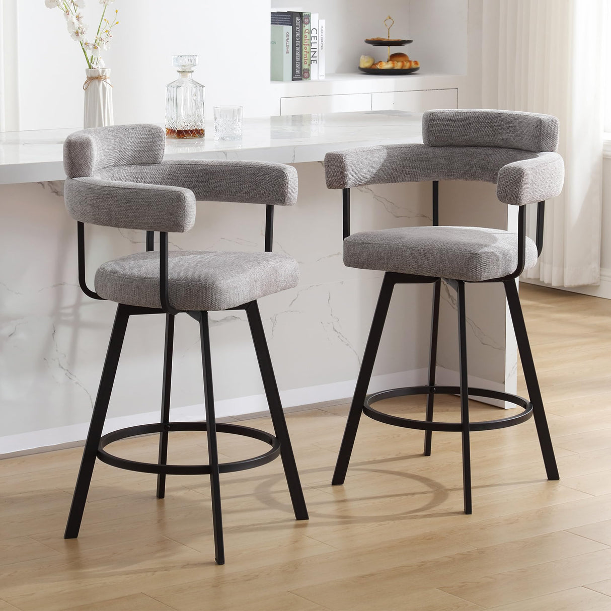 JIRAIN 26’’ Swivel Counter Height Bar Stools, Modern Counter Stools with Round Back, Linen Upholstered Barstools with Round Footrest for Kitchen Island, Home Pub, Set of 2, Grey JIRAIN