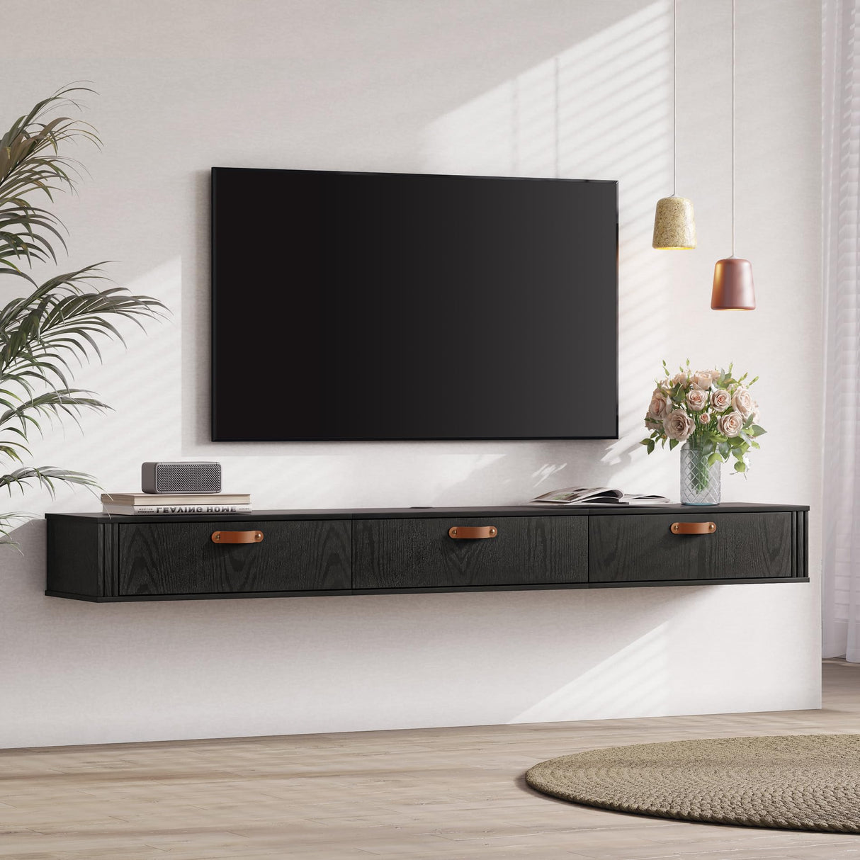 FITUEYES Black Floating TV Stand,70" Modern Media Console Entertainment Center with 3 Flip-Down Doors,Under TV Floating Cabinet Hutch Storage Desk for Living Room, Bedroom FITUEYES
