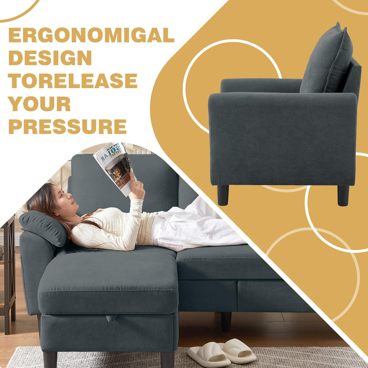 Chireca Sectional Sofa Set of 79.5" Convertible Sofa & Accent Chair, Small L Shaped 3 Seat Couch with Reversible Ottoman, Modern Linen Sofa Couch for Living Room, Office, Apartment, Dark Grey Chireca