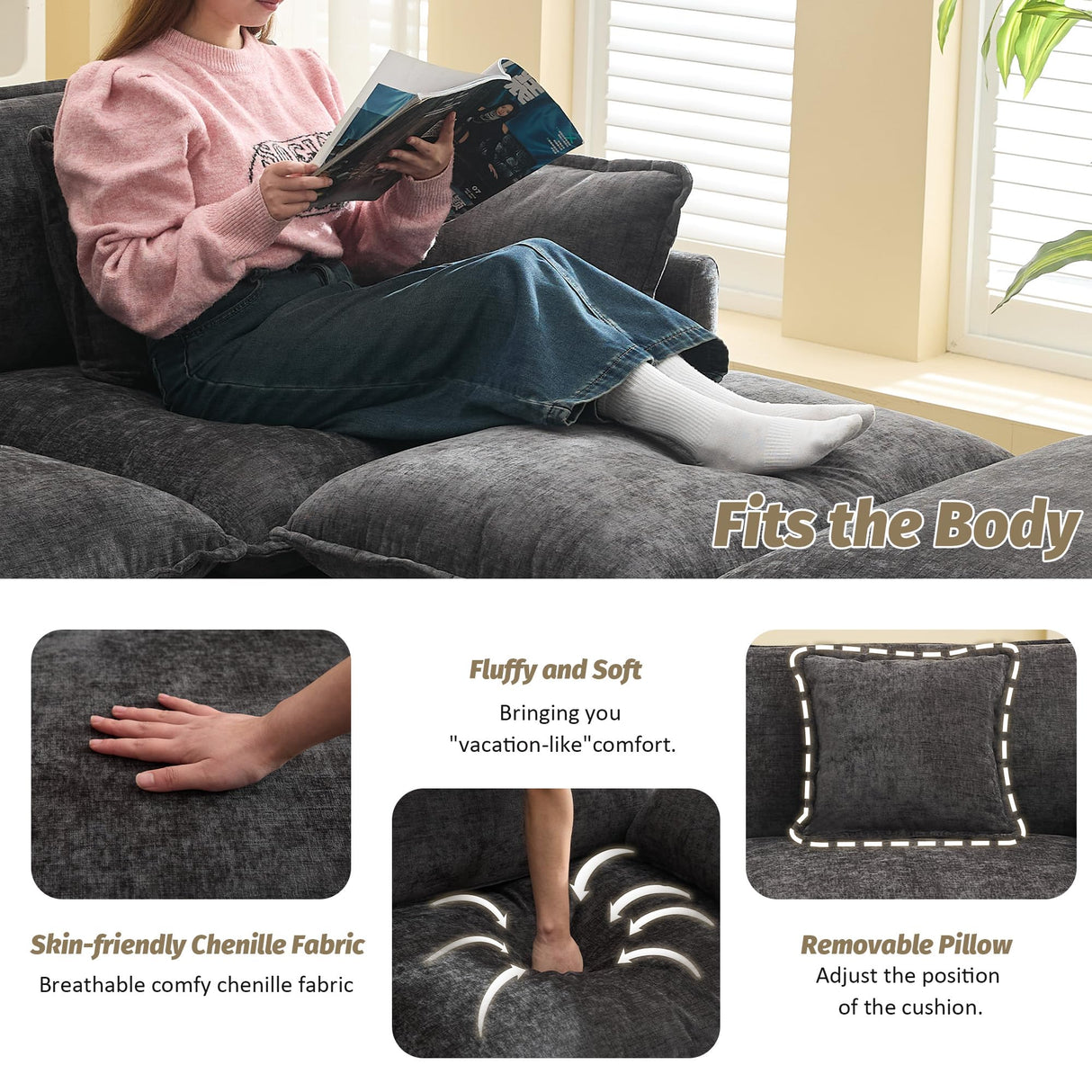 76'' Cloud Deep Seat Loveseat, Upholstered Chenille Modular 2-Seats Sectional Sofa Couch, Modern Comfy Settee Loveseat for Living Room Set, Small Apartment, Dark Grey WUTUTUEE