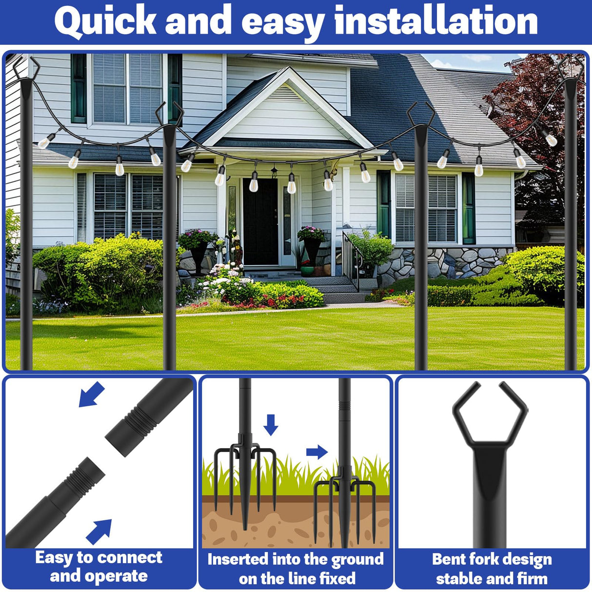 6 Pack 10 ft Heavy Duty Metal String Light Poles Adjustable Outdoor Lighting Stand for Patio,Backyard,Garden,Party & Wedding Rustproof & Sturdy with Hooks talkhigh