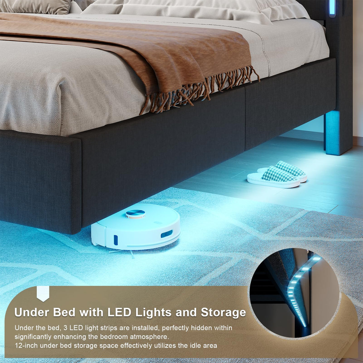 Floating Bed Frame King Size with Hidden Storage Space and Charging Station,Floating King Bed Frame with LED Light, RGB Light Fabric Platform Bed Floating,No Box Spring Needed,Easy Assembly,Dark Gray busyaeh