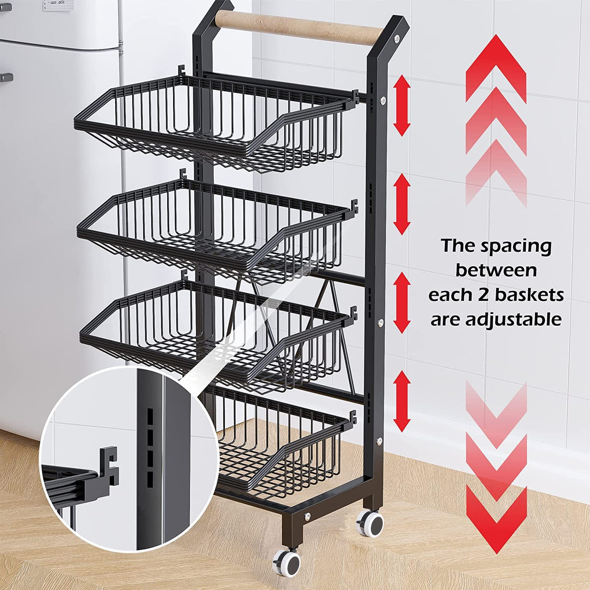 COVAODQ Snack Cart with Wheels 4-Tier Adjustable Fruit Rack Fruit Vegetable Basket Cart Metal Wire Storage Cart Rolling Pantry Utility Kitchen Cart COVAODQ