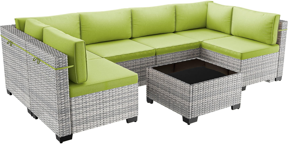 Sweecci 7-Piece Patio Furniture Set, Outdoor Sectional with Thick Cushions, Modular Patio Sofa, Dual-Strand Wicker Rattan, Rust-Resistant Frame, Backyard Furniture for Garden, Deck, Grass Green Sweecci