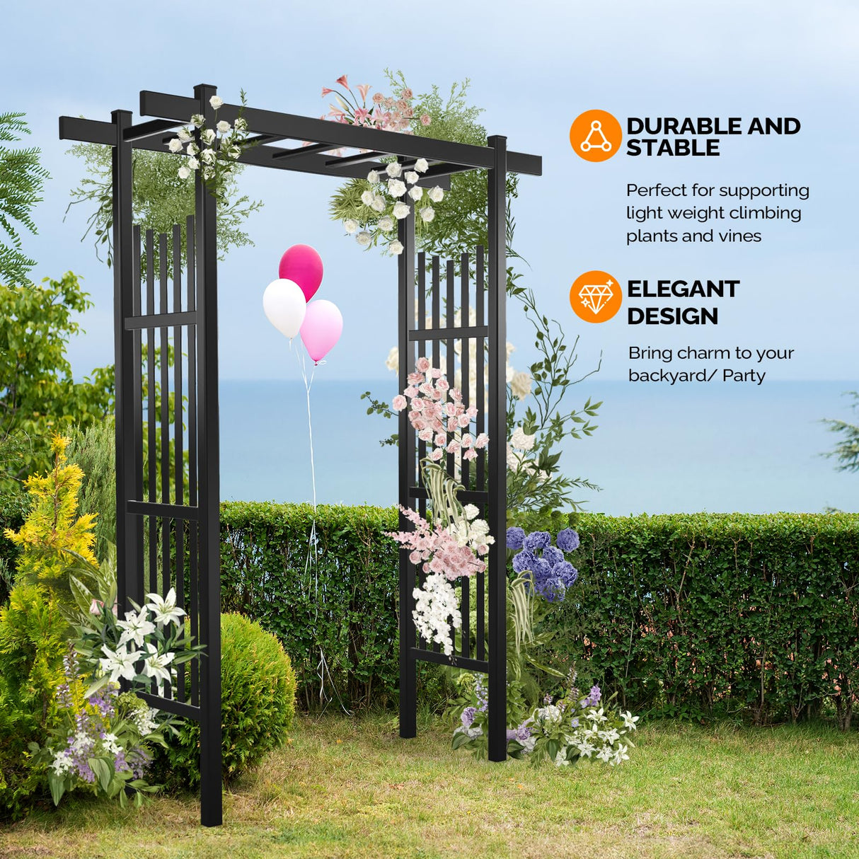 VINGLI Garden Arbor, PVC Wedding Arch for Ceremony Party, Garden Trellis for Climbing Plants Outdoor, Arch Backdrop Stand for Garden, Backyard, Lawn, Wedding (Black) VINGLI