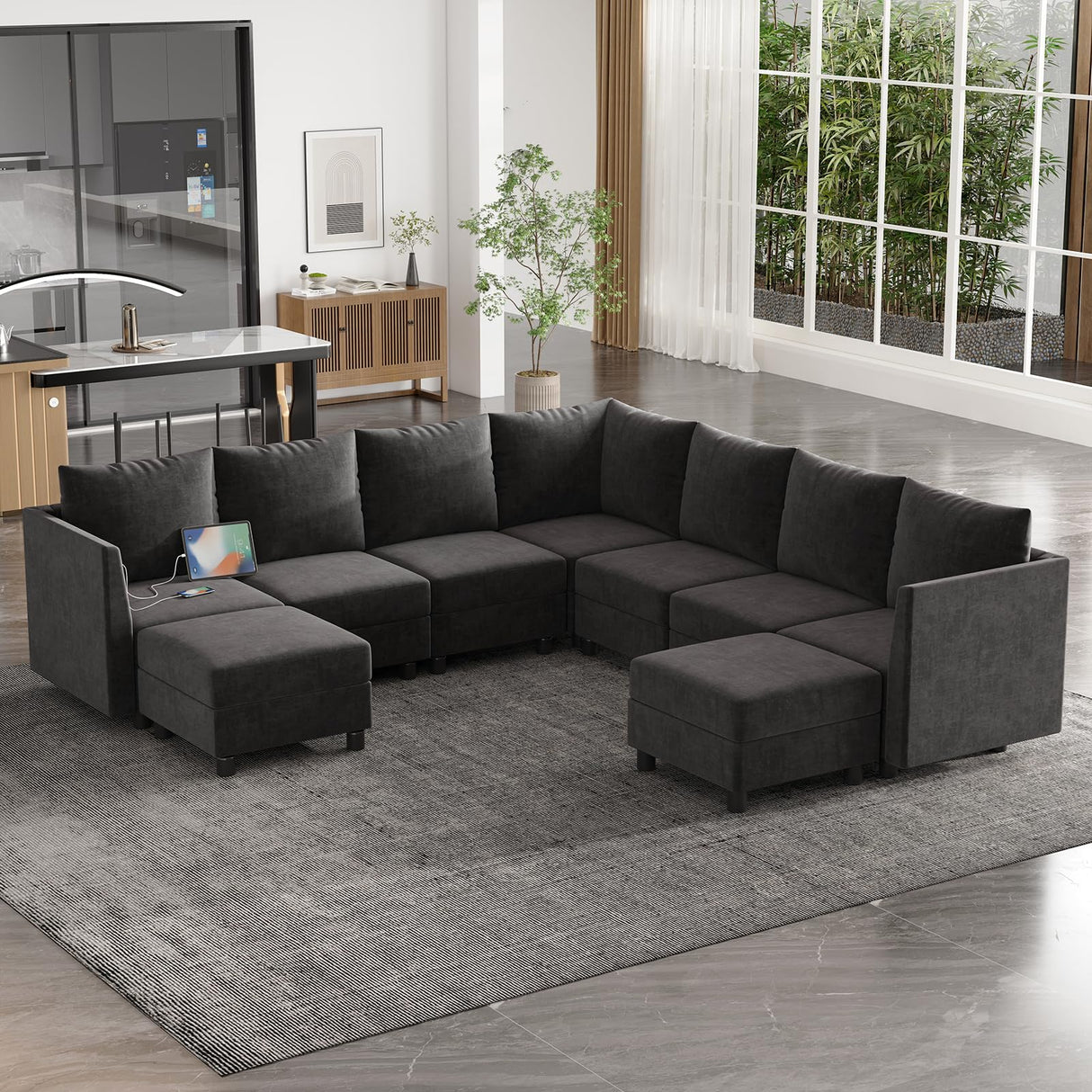 Apicizon Modular Sectional Couch, 9 Seats U Shaped Couch with Storage, Modern Chenille Sofa Set with USB Charging Ports, Comfy Couches with Chaise for Living Room, Office, Dark Grey Apicizon