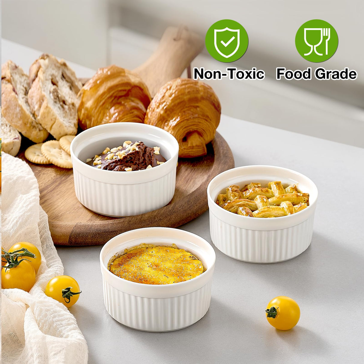 Mfacoy Ramekins with Lids Set of 6, 8 oz Porcelain Creme Brulee Souffle Ramekins with Covers, White Pudding Custard Cups Ramiken for Baking, Small Bowls for Sauces Dessert, Dishwasher and Oven Safe Mfacoy