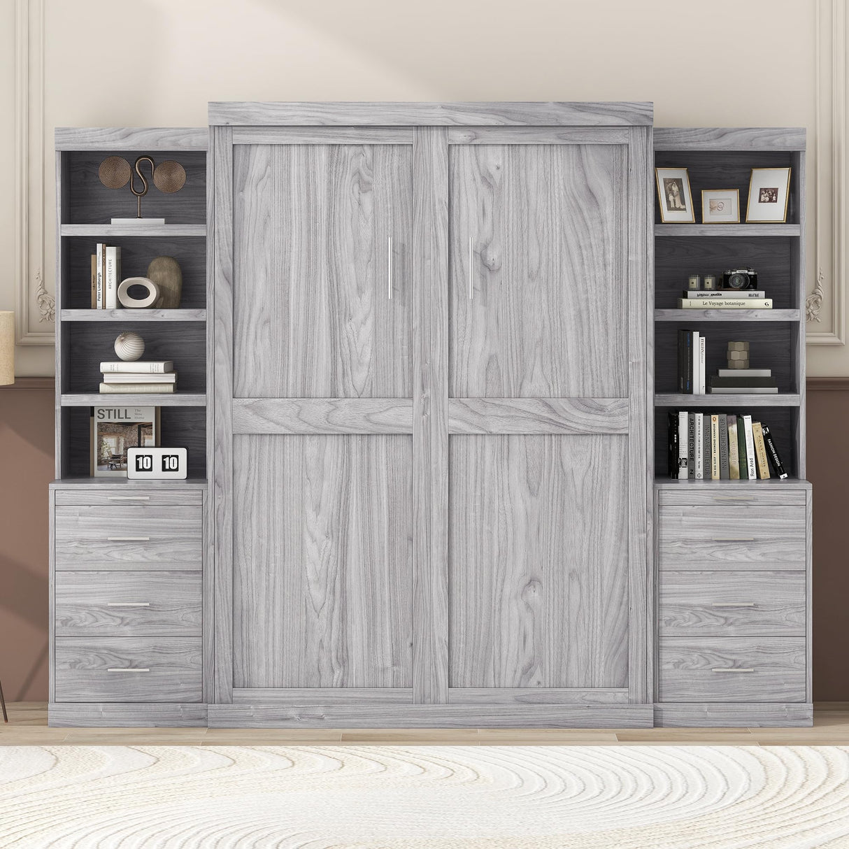 FAVSH Full Size Murphy Bed with Storage Shelves, Solid Wood+Metal Frame Wall-Bed w/ 6 Drawers, Space-Saving Hidden Beds, Fold-The-Way-Bed,Grey FAVSH
