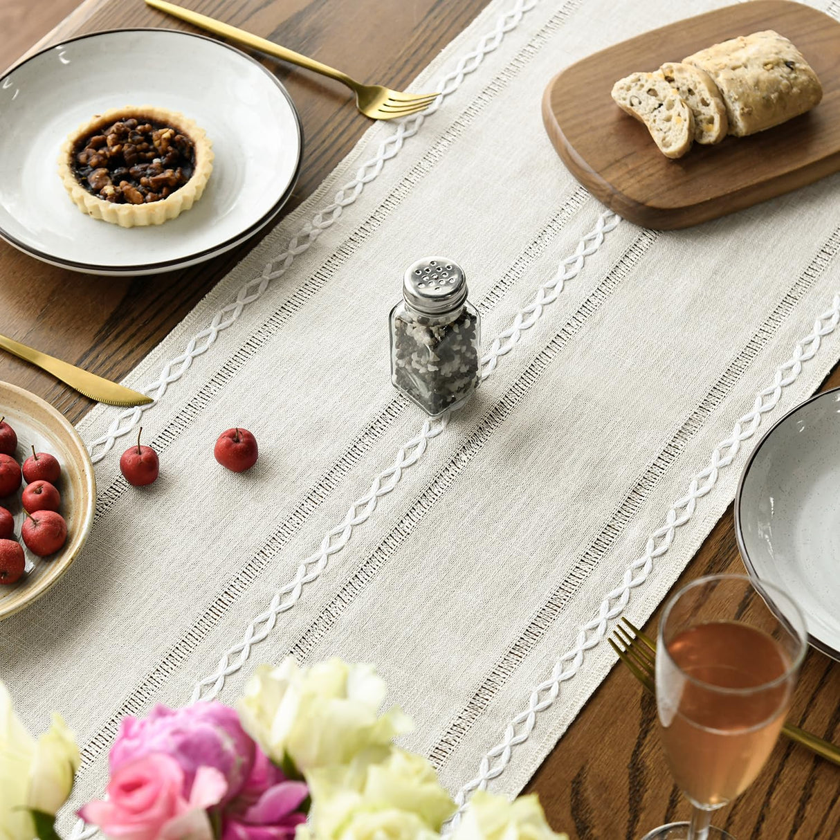 Artoid Mode Beige Rustic Cotton Linen Table Runner, Seasonal Embroidered Hollow Kitchen Dining Table Decoration for Home Party Decor 13x72 Inch Artoid Mode
