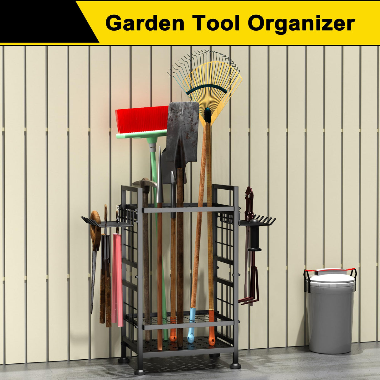 3 Tier Garden Tool Organizer, Garage Storage and Organization, Metal Yard Tools Storage up to 78 Tools, Heavy Duty Garden Tool Organizer for Garage, Yard, Patio, Shed, Indoors and Outdoors, Black GIOTORENT