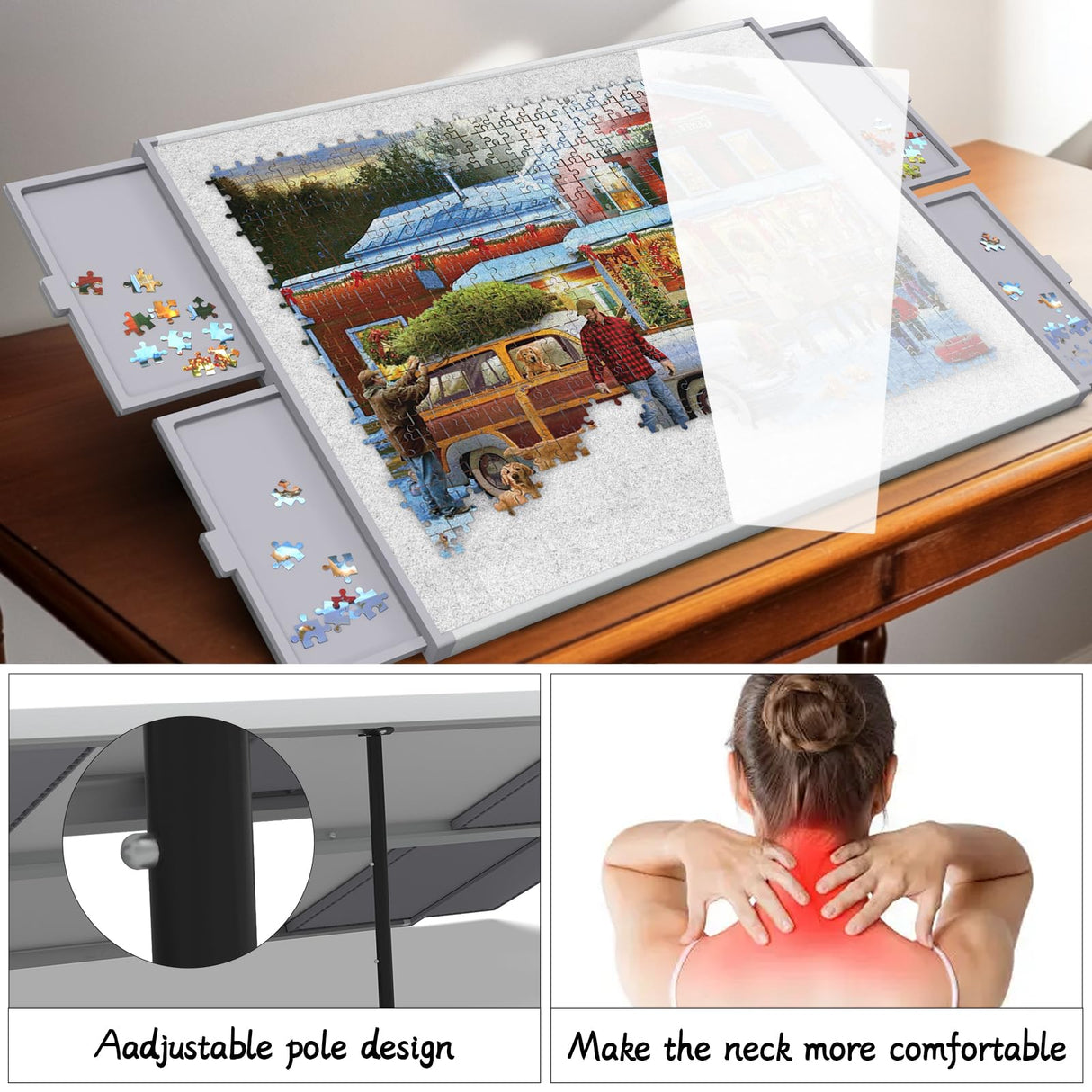 Puzzle Board 1500 Pieces,Jigsaw Puzzle Board with Adjustable Tilting Pole,Felt Surface and Cover,Grey Tilting Puzzle Board with Drawers