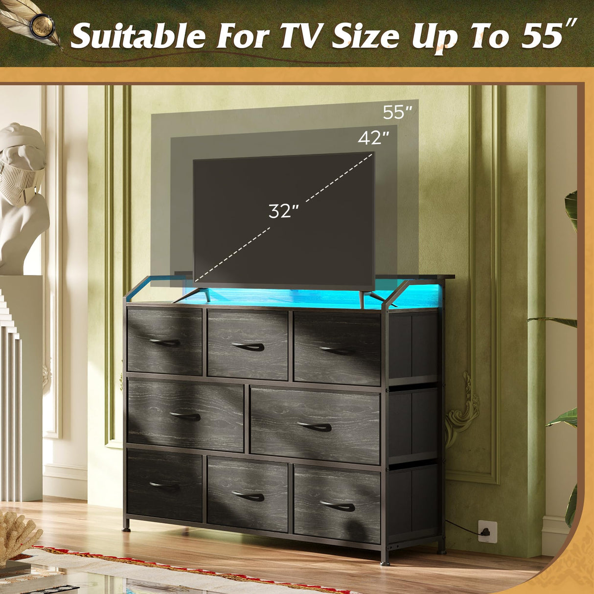 WLIVE Led Dresser for Bedroom, TV Stand for Bedroom with LED Lights and Power Outlet, Wide Chest of Drawers for Hallway, 8 Fabric Drawers for Living Room and Entryway, Charcoal Black Wood Grain Print WLIVE