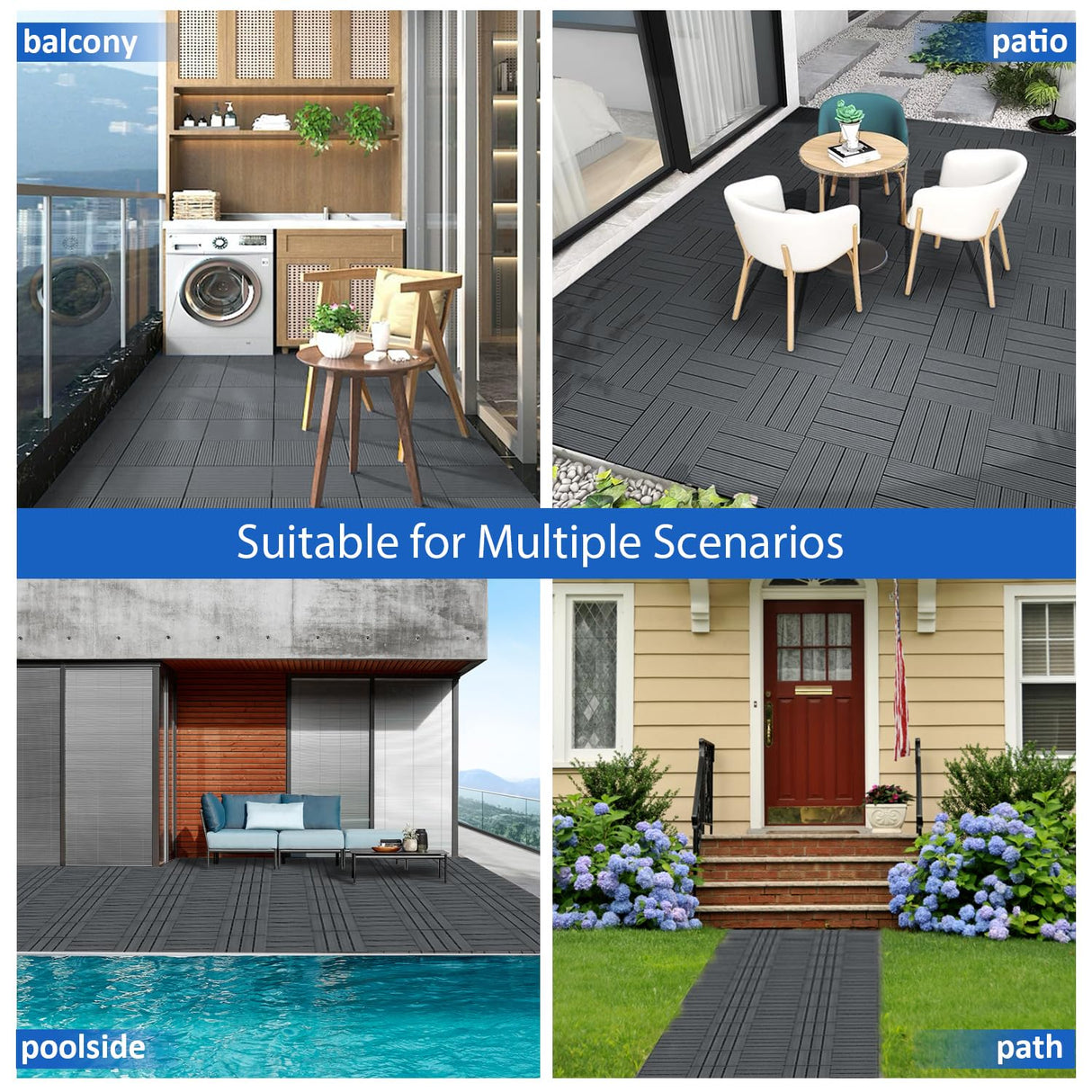 27 PCS 12x12 Inch Interlocking Deck Tiles - Waterproof All-Weather Outdoor Patio Flooring for Pool, Balcony, Backyard, Porch & Garden, Dark Grey KEDY