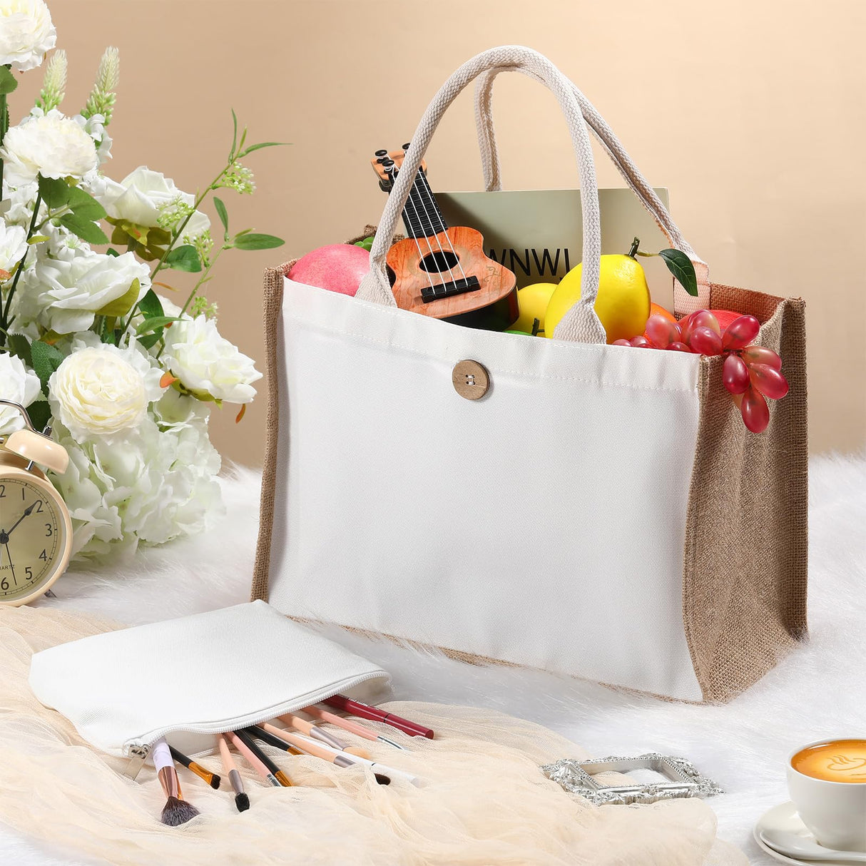 Bulyoou 12 Pcs Sublimation Blank Tote Bags and Makeup Bags Set, Reusable Canvas Polyester Tote Bags for DIY Craft Burlap Gift Bags Makeup Pouches Cosmetic Bags for Women Shopping Grocery Bridesmaids Bulyoou