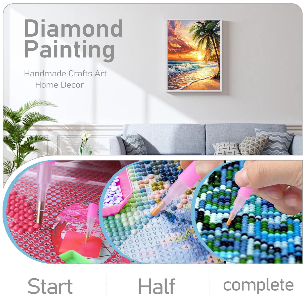 JOASURA Summer Beach Diamond Painting Kits for Adults,DIY Diamond Art Painting Round Full Drill 12x16in,5D Diamond Dots Art for Beginning Home Wall Decor JOASURA
