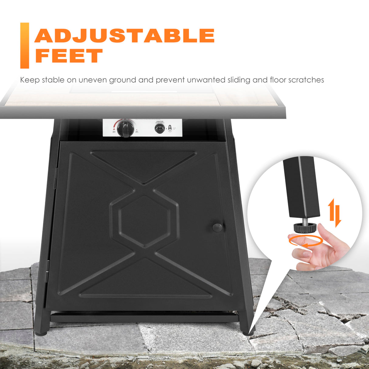 NUU GARDEN 5-Piece Patio Furniture Set with Fire Pit Table, 28'' 50,000 BTU Propane Gas Cabinet Fire Pit Table with Cover and 4 Dining Swivel Chairs with Padded Cushions, Black and Beige NUU GARDEN