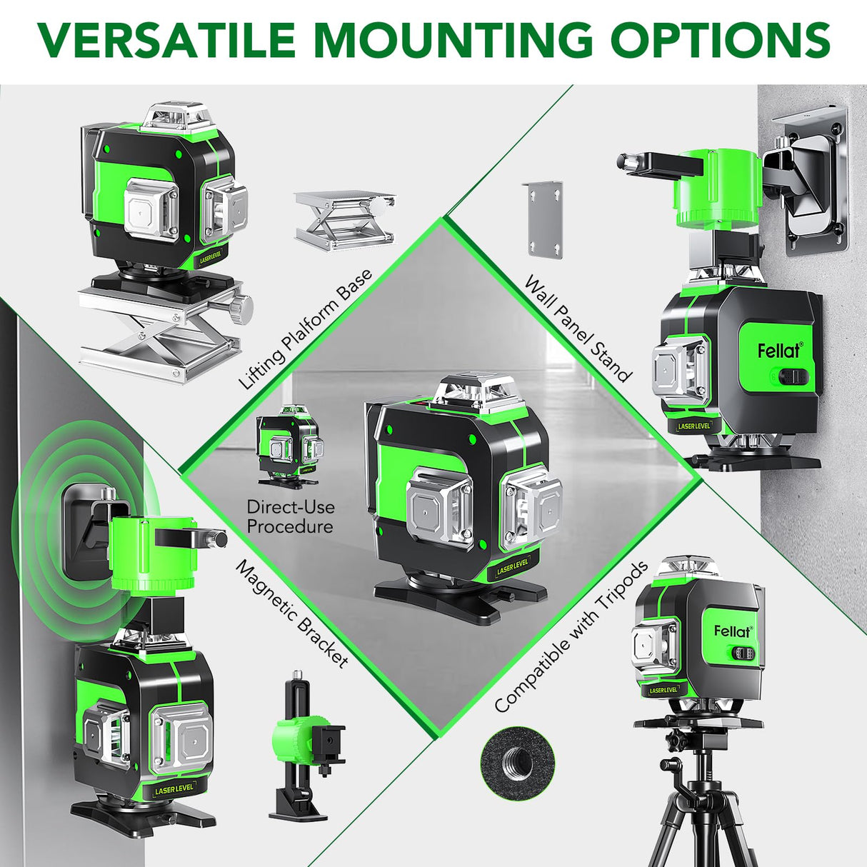 FELLAT Laser Level, 4x360° Self Leveling Green Cross Line Laser for Construction and Picture Hanging with Rechargeable battery, Remote Controller, Magnetic Rotating Stand FELLAT