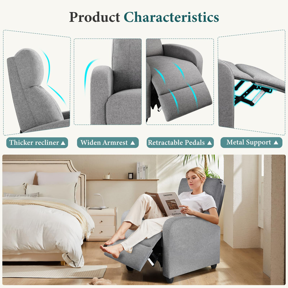 SMUG Recliner Chair for Living Room, Leather Recliners, Home Theater Seating with Lumbar Support with Adjustable Backrest and Footrest, Modern Living Room Furniture with Padded Seat, Grey Seating SMUG