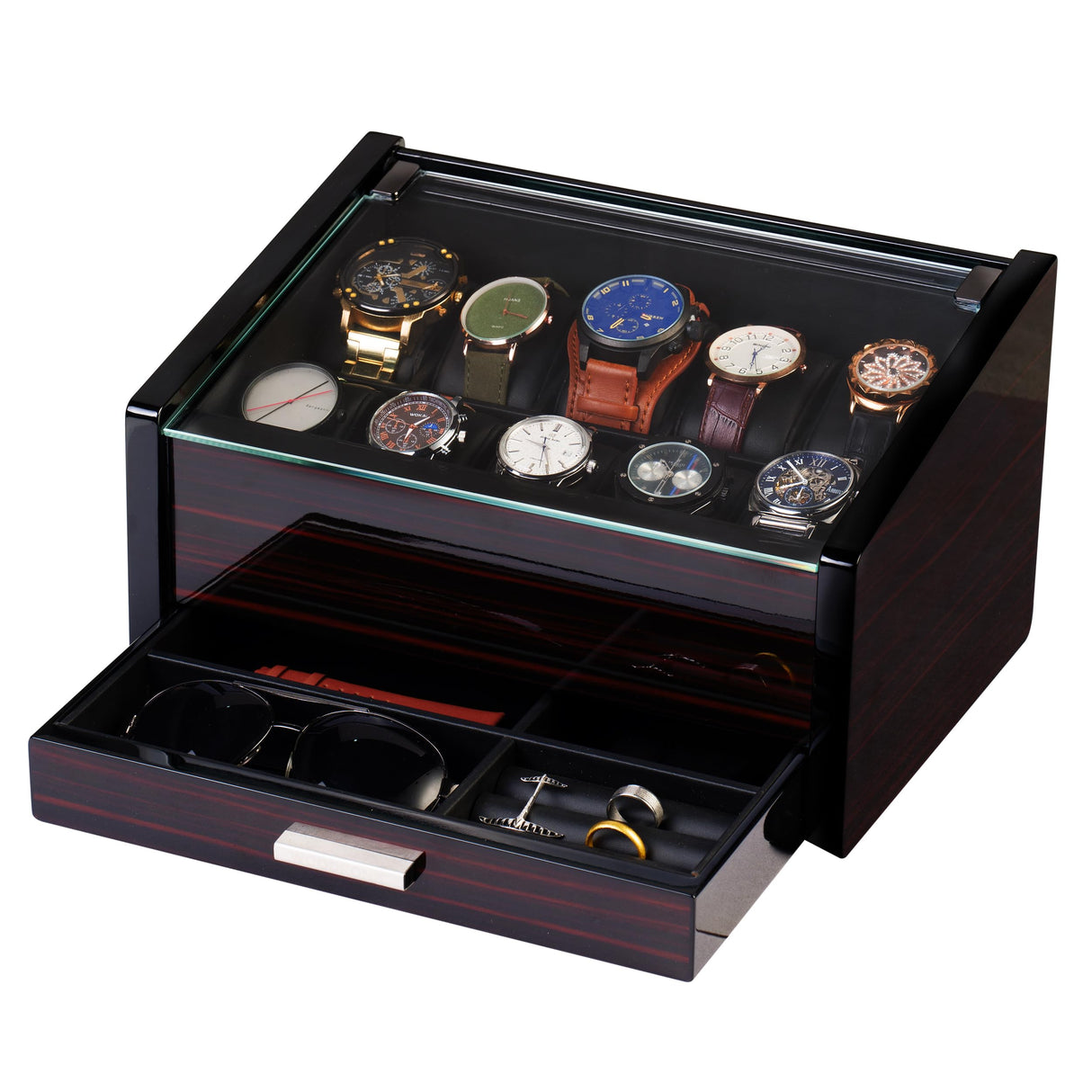 Woodronic Watch Organizer Case, 10 Slots Wood Watch Box Display Holder with Storage Drawer and Pillows, Glossy Finish, Glass Top and 2-Tiered Design, Gift for Men (Flat-top) Woodronic
