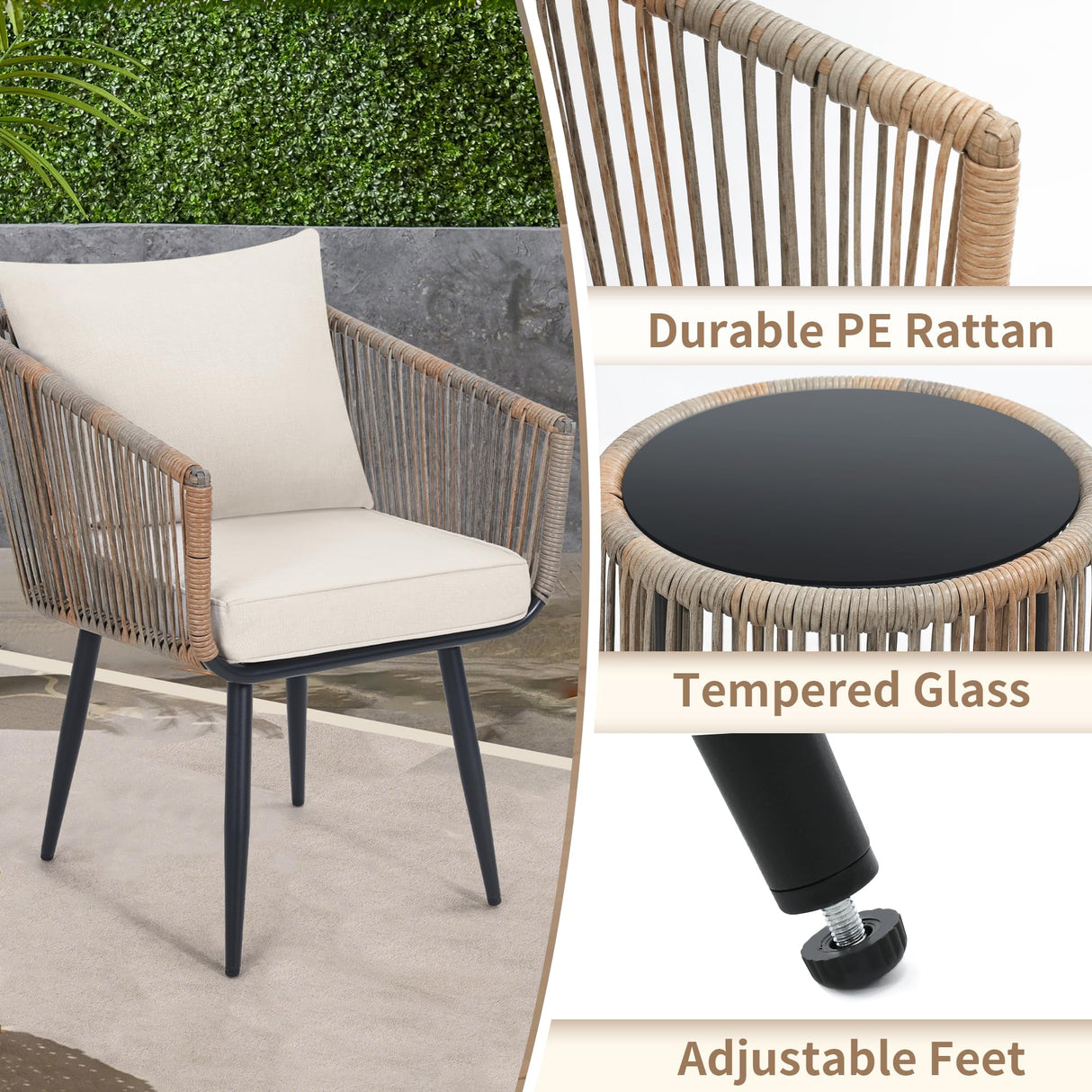 Kromax 3 Piece Patio Rattan Bistro Conversation Set, Outdoor All Weather Wicker Furniture Chairs and Side Table Set, Ideal for Balcony, Porch and Backyard, Beige Kromax