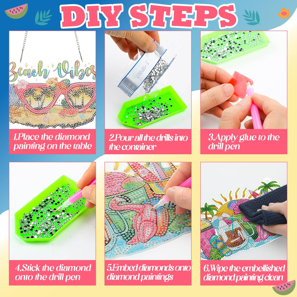 Burbell 3 Pcs Diamond Summer Beach Painting Kits Sunglasses Smoothie Diamond Art Hanging Ornament Sign DIY Painting Art Kits for Summer Adult Window Door Wall Decorations Burbell