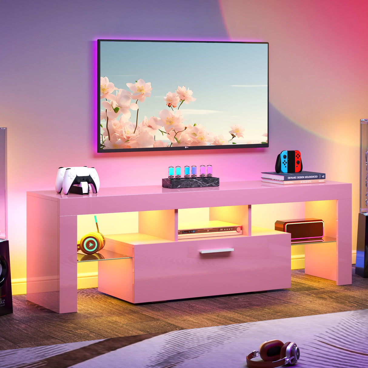 Clikuutory Pink LED TV Stand with Large Storage Drawer for 32 40 50 55 Inch TVs, Modern High Gloss TV Console Table with Entertainment Center for Living Room, Bedroom, Pink Clikuutory