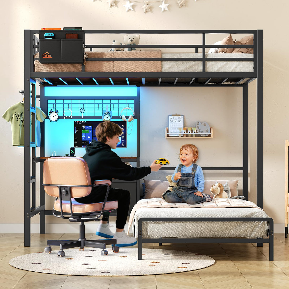 DICTAC Bunk Bed with Desk,Led Lights and Charging Station Metal L-Shaped Twin Over Twin Bunk Beds with Storage Drawers and Shelves, Loft Bed with Safety Guardrail and Ladder for Kids and Teen,Black DICTAC