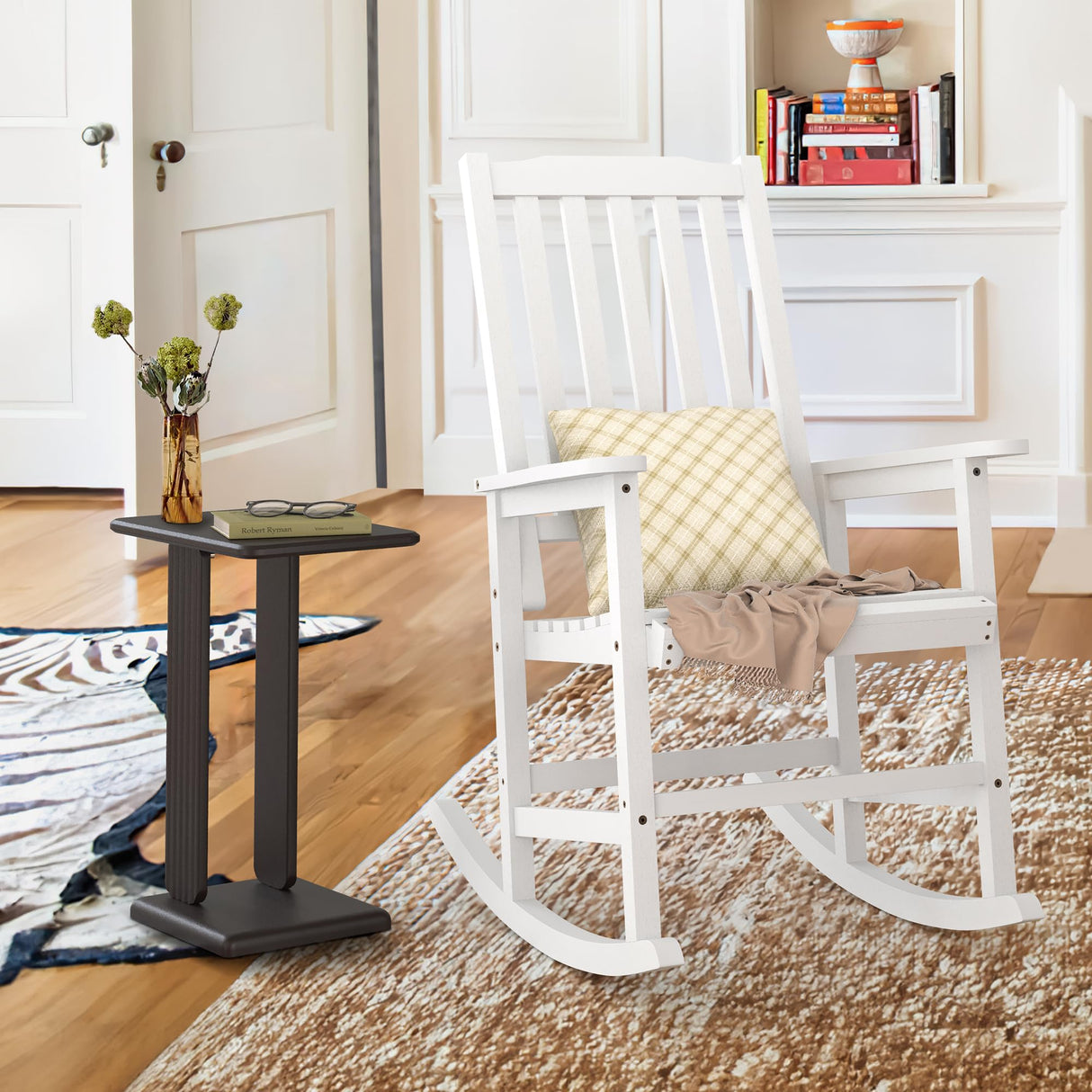 Cozyman Outdoor Rocking Chairs Set of 2, Acacia Wood Rocking Chairs, Patio Rocker Chair with Wide Seats, White Cozyman