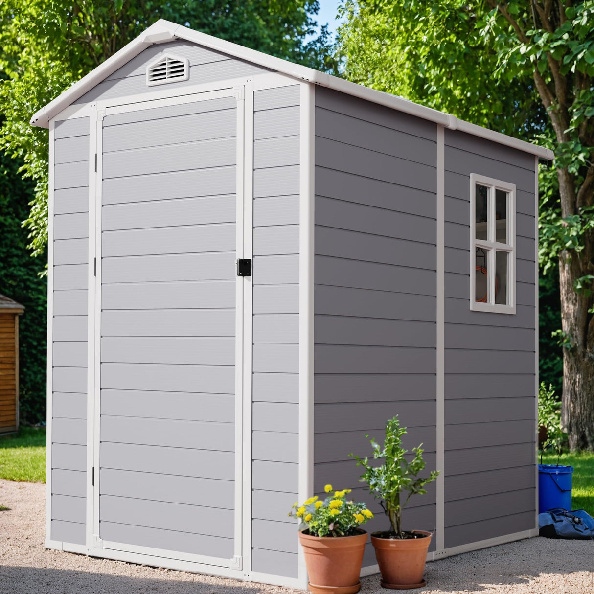 Devoko 6x4 FT Resin Shed, Plastic Shed with Floor Lockable Doors Window & Vents, Outdoor Storage Shed for Backyard Patio Lawn Pool (Grey & White) Devoko