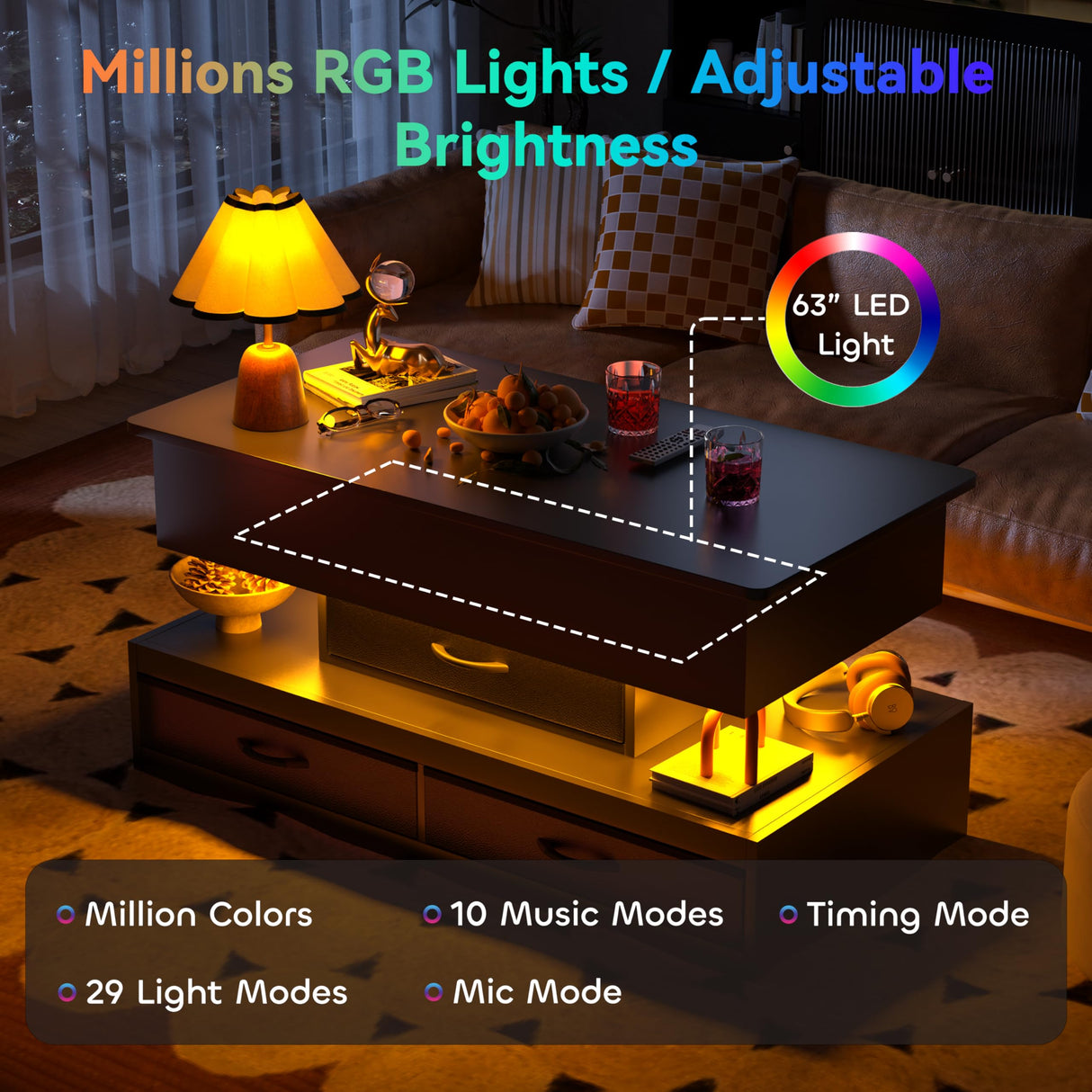 Oransail 40" Lift Top Coffee Table with 3 Fabric Storage Drawers and Hidden Compartmen, LED Coffee Table, Farmhouse Coffee Tables for Living Room, Dining Room Oransail