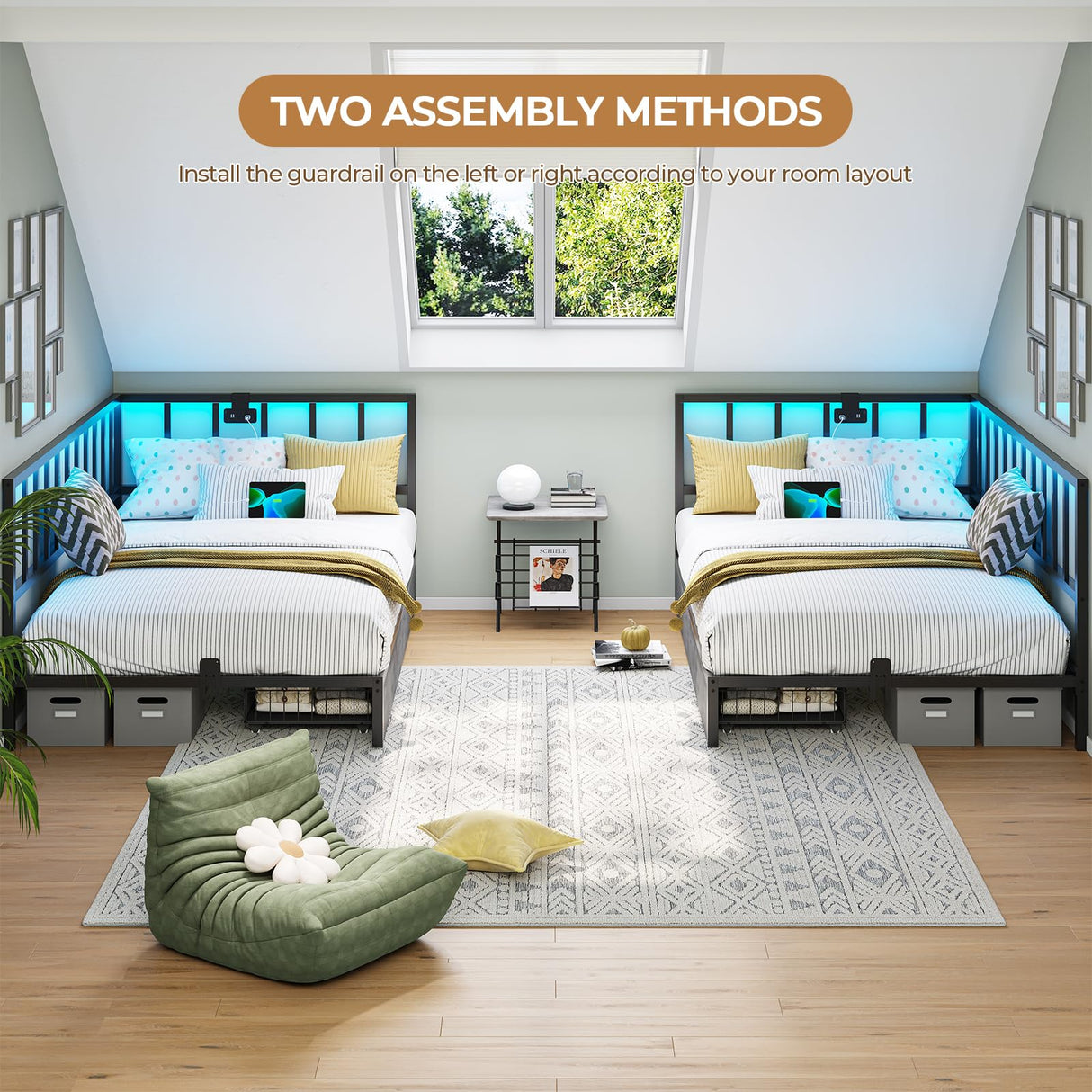 DICTAC Twin Size Corner Bed Frame with 2 Storage Drawers and Led Lights Metal Platform Bed Frame with Charging Station Modern Twin Daybed Frame for Living Room, Bedroom and Guest Room, Black&Gray DICTAC