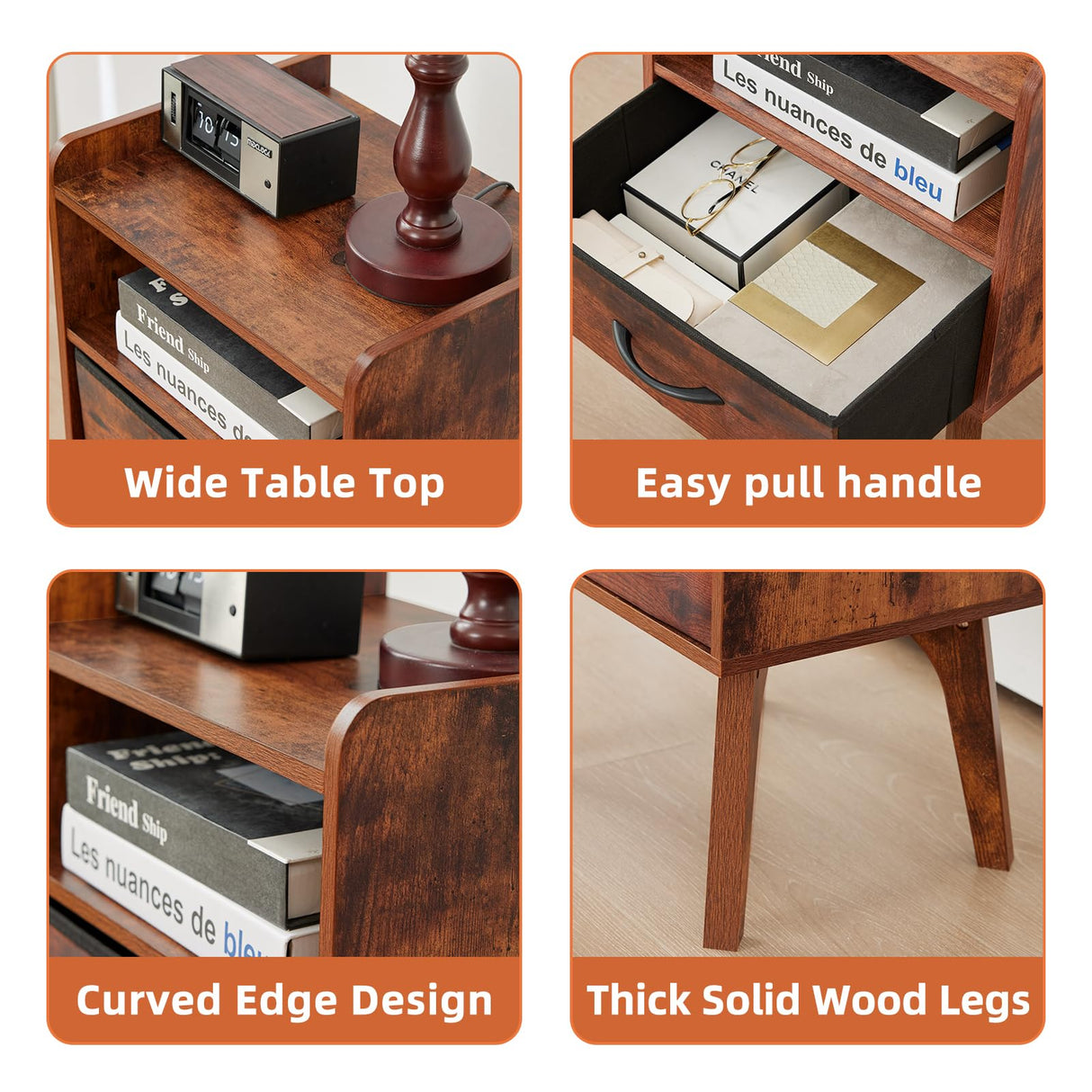 YUFAM Wooden Night Stand,Mid Century Modern Nightstand,Side Tables with Drawers and Open Storage Shelf,Bedside Table with Wood Legs,End Table for Bedroom,Sitting Room and Small Spaces (Brown) YUFAM