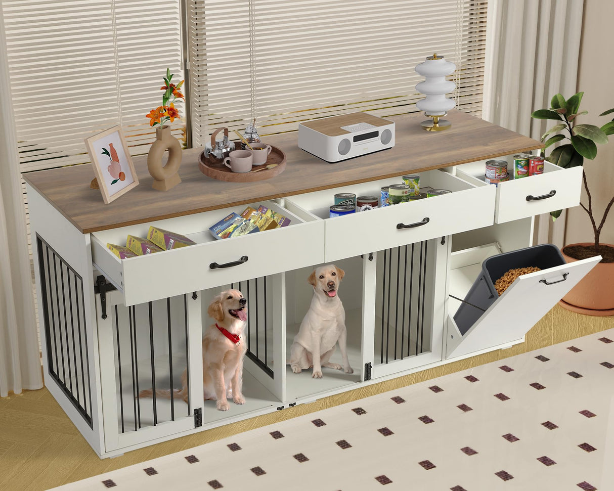 71" Furniture Dog Crate for 2 Dogs, Double Dog Furniture Crate, Furniture Dog Cage Indoor for Large Medium Small Dogs, Wood Dog Kennel with Tilt Out Cabinet, Drawers, Divider and Sliding Door, White LOUVIXA