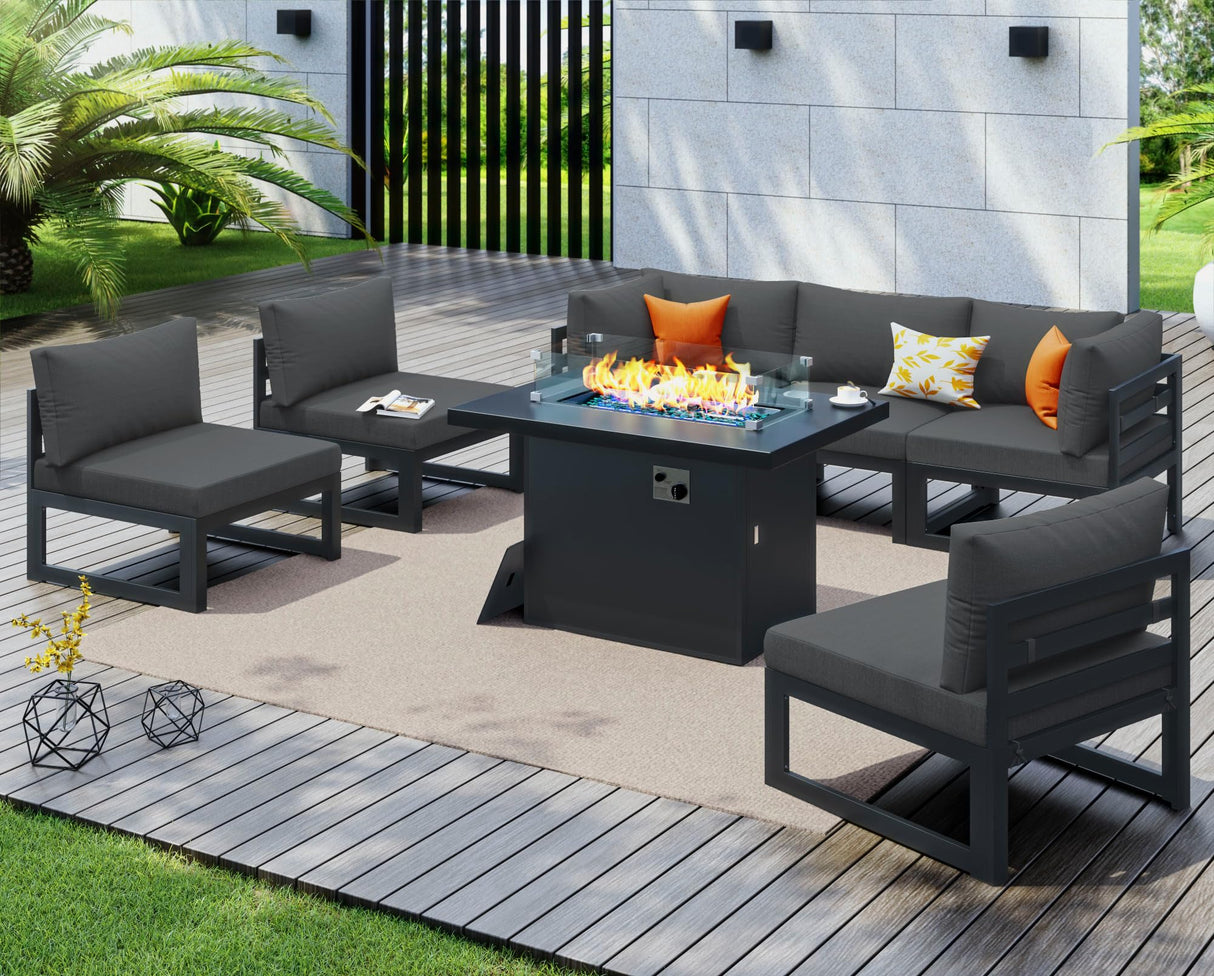 NICESOUL 7 Piece Modern Aluminum Outdoor Furniture Set with Fire Pit Propane/Gas, 29 inch Deep Wide Seat, All Weather Patio Conversation Set, L Shaped Modular Sectional Sofa for Backyard, Dark Gray NICESOUL