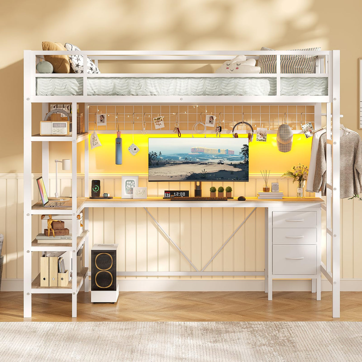 VIAGDO Loft Bed Twin Size with L-Shaped Desk, Charging Station and LED Lights, Twin Loft Bed with 4-Tier Bookshelf and 3 Drawers, Clothes Rail, Safety Guardrail&Ladder, No Box Spring Needed, White VIAGDO