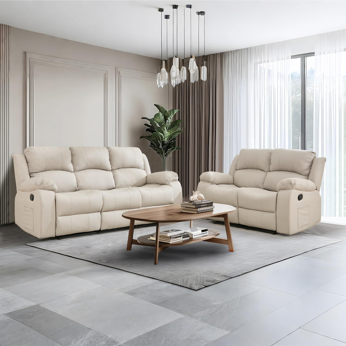 GNMLP2020 Reclining Couch Sleeper Sofa Set Chaise Lounge Chair Leather Recliner Couch Loveseat for Living Room, Theater Seating(3 Seat Sofa+Loveseat,Beige) GNMLP2020