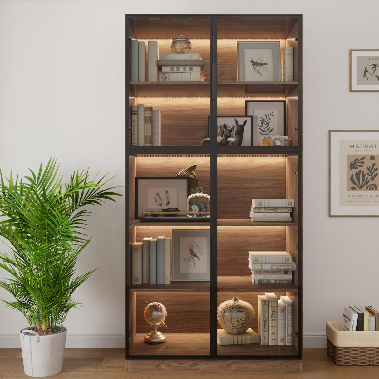 Bobve Display Cabinet with 4 Glass Doors, 5 Tier Storage Shelves Organizer, 78.7" Tall Bookshelf Bookcase with Storage Cabinet, Wooden Display Case Cabinet for Home,Office, Living Room (Walnut) Bobve