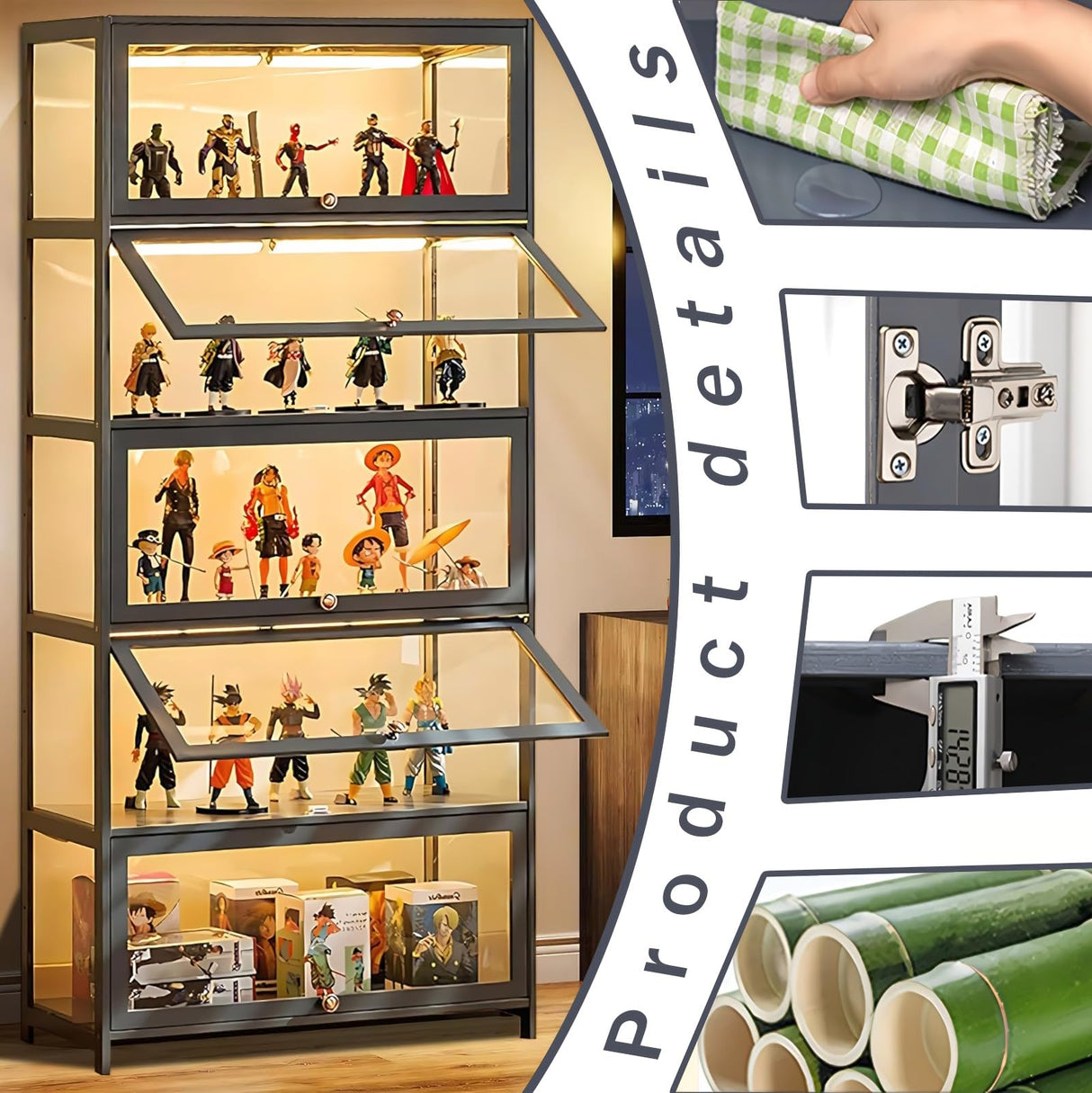 Display Cabinet, 5-Tier Curio Cabinet with Acrylic Doors, Bamboo Display Case for Figures, Display Case for Collectibles & Kids Bookcase for Home, Office, Playroom, Living Room Orixal