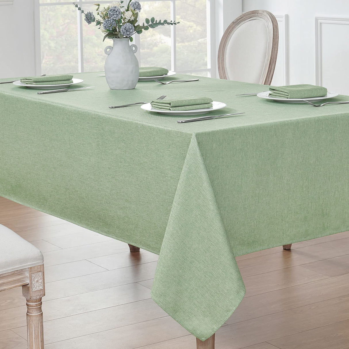 Veblandy Rectangle Tablecloth Linen Textured Waterproof & Stain Resistant Table Cloth Wrinkle Free Decorative Fabric Farmhouse Table Cover for Dining/Party/Buffet/Wedding, 52 x 70 Inch, Sage Green Veblandy