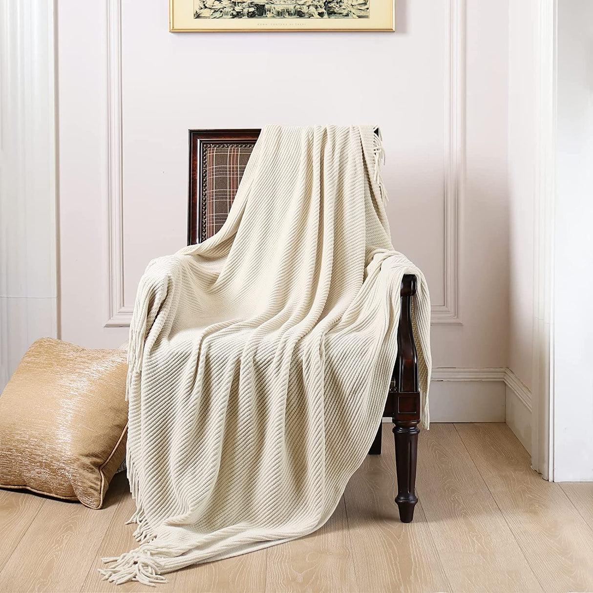 lifein Throw Blanket for Couch-Soft Boho Bed Throw Blankets,Cozy White Chenille Knitted Throw,Small Knit Farmhouse Lightweight Blanket&Throw for Summer,Woman,Chair,Sofa,Home Decor(White/Cream,60*80") lifein
