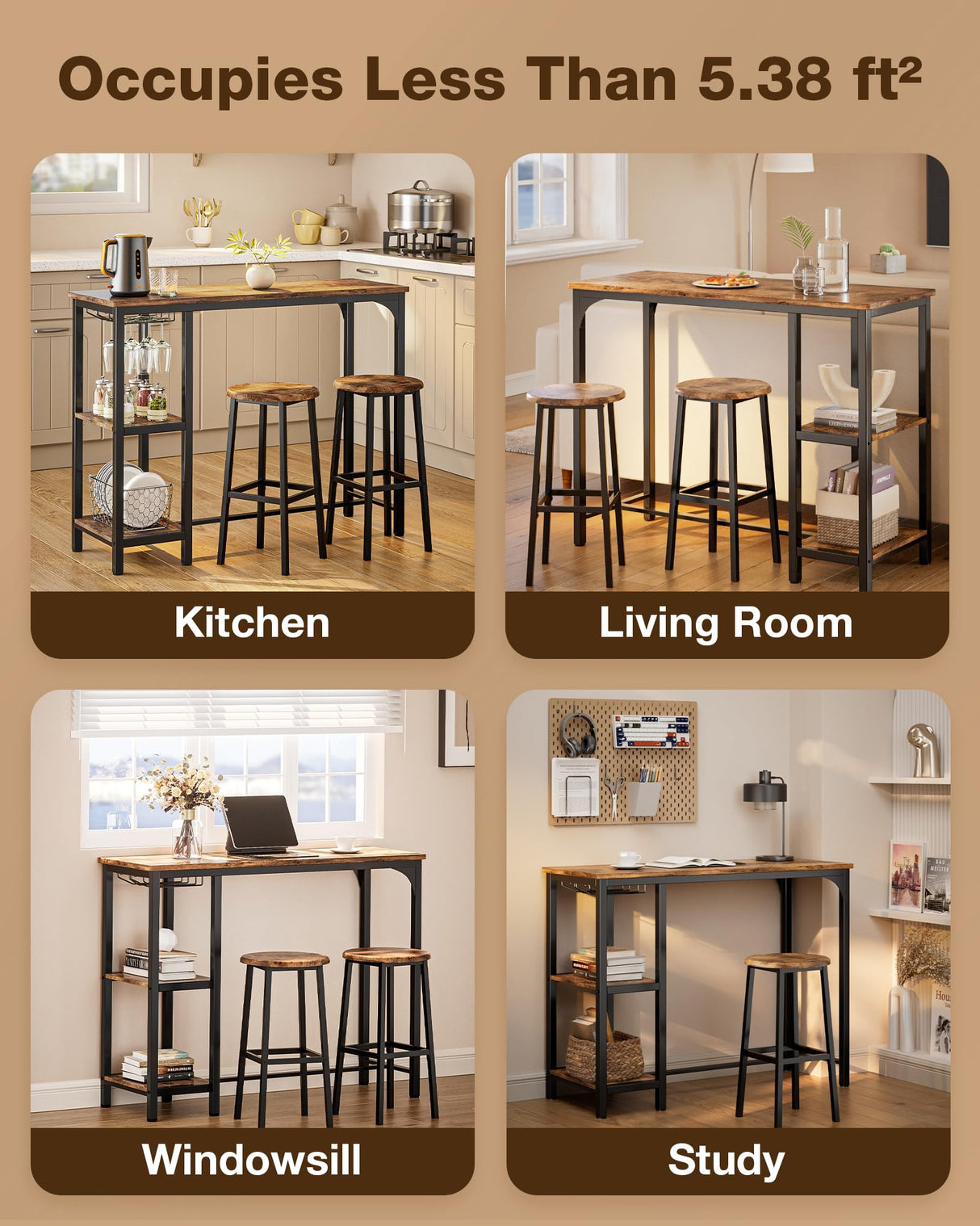 Qsun 3-Piece Bar Table Set for 2, Bar Table with Stools & 2 Storage Shelves, Small Bar Table Set with Glass Rack, Small Kitchen Table for Dining Room, Living Room, Rustic Brown Qsun