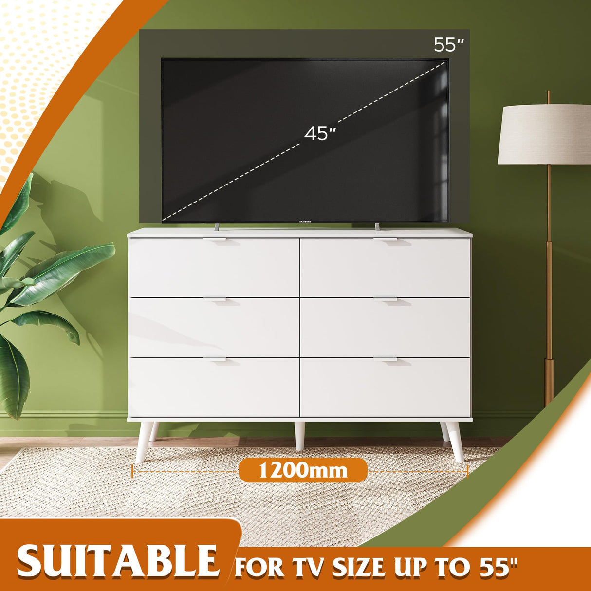 WLIVE 6 Drawer Dresser for Bedroom, 47.24'' Wide Wood Dresser, White Dresser Storage Organizer with Sturdy Metal Handle, TV Stand for 55 inch TV, Chest of Drawers for Living Room, Hallway, Closet WLIVE