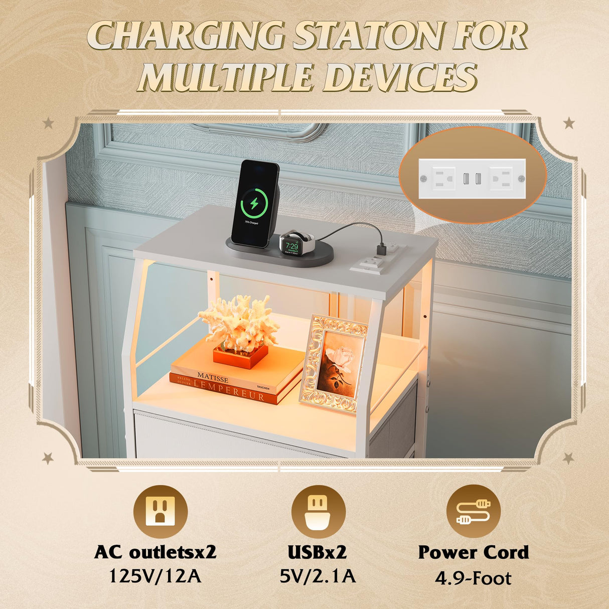 WLIVE Night Stand with Charger Station, White Nightstand with LED Light and 4 Storage Drawers, Tall Dresser for Bedroom, 37.48" H Bedside Table with Fabric Bins, Wood Shelf WLIVE