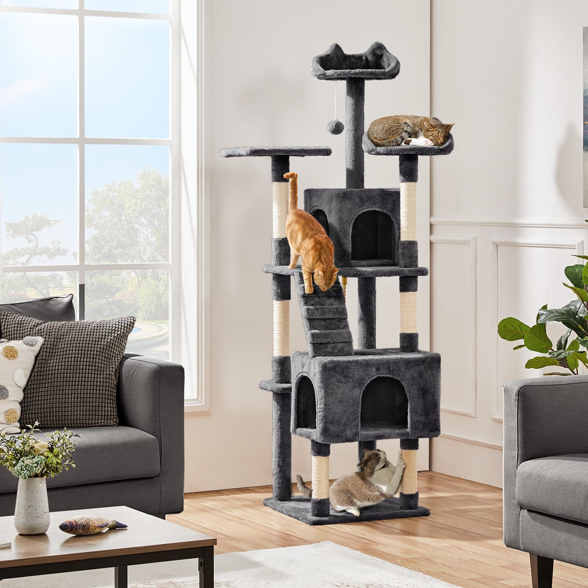 Yaheetech XL Cat Tree, 72in Multi-Level Cat Tower with 2 Cozy Caves, 3 Soft Perches, Scratching Posts, Board, and Dangling Ball, Cat Furniture Cat Play House Kittens, Dark Gray Yaheetech