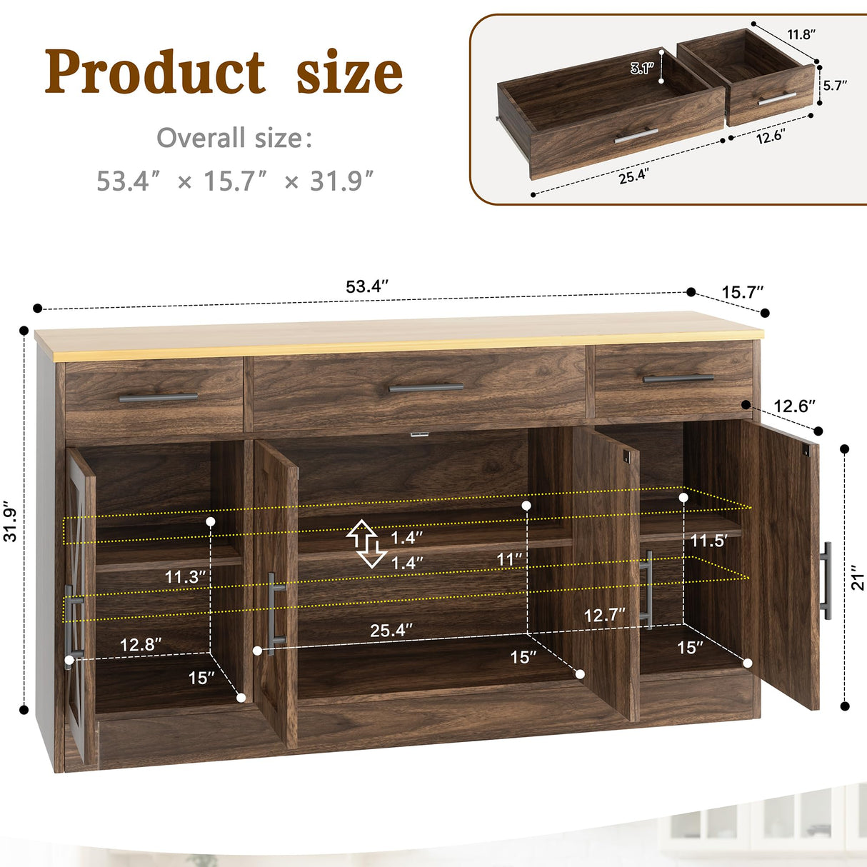 Vongrasig Buffet Cabinet with Drawers, 53” Large Sideboard Buffet Kitchen Storage Cabinet, Modern Farmhouse Coffee Bar with Shelves and Doors, Wood Buffet Table for Kitchen, Dining Room, Rustic Brown Vongrasig