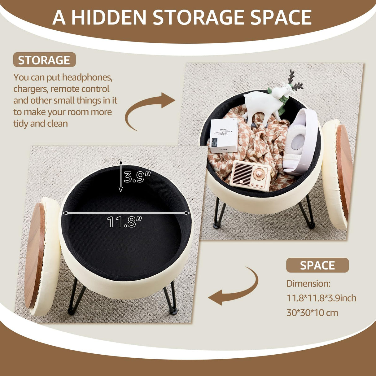 Wimarsbon Round Storage Ottoman Foot Stool Modern Faux Leather Vanity Stool with Solid Wood Frame&Metal Legs,Compact Footstool Dressing Stool Footrest for Living Room Bedroom or Entryway (White) Wimarsbon