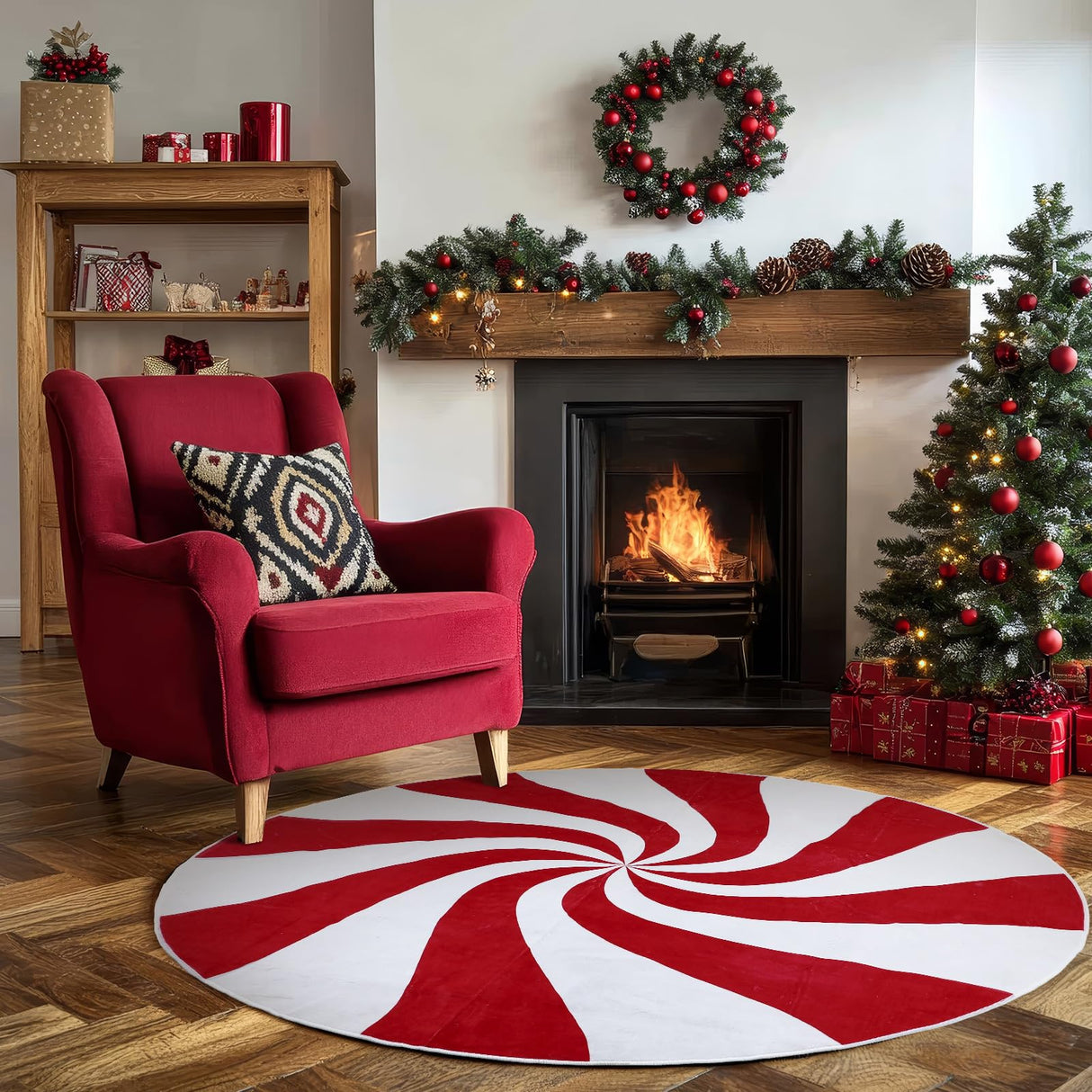 Moucuny Christmas Round Rug Large Christmas Area Rug Washable Christmas Rug Runner Non Slip Rug Carpet for Xmas Holiday Entryway Living Room Bedroom Indoor Decoration(Red,Lollipop) Moucuny