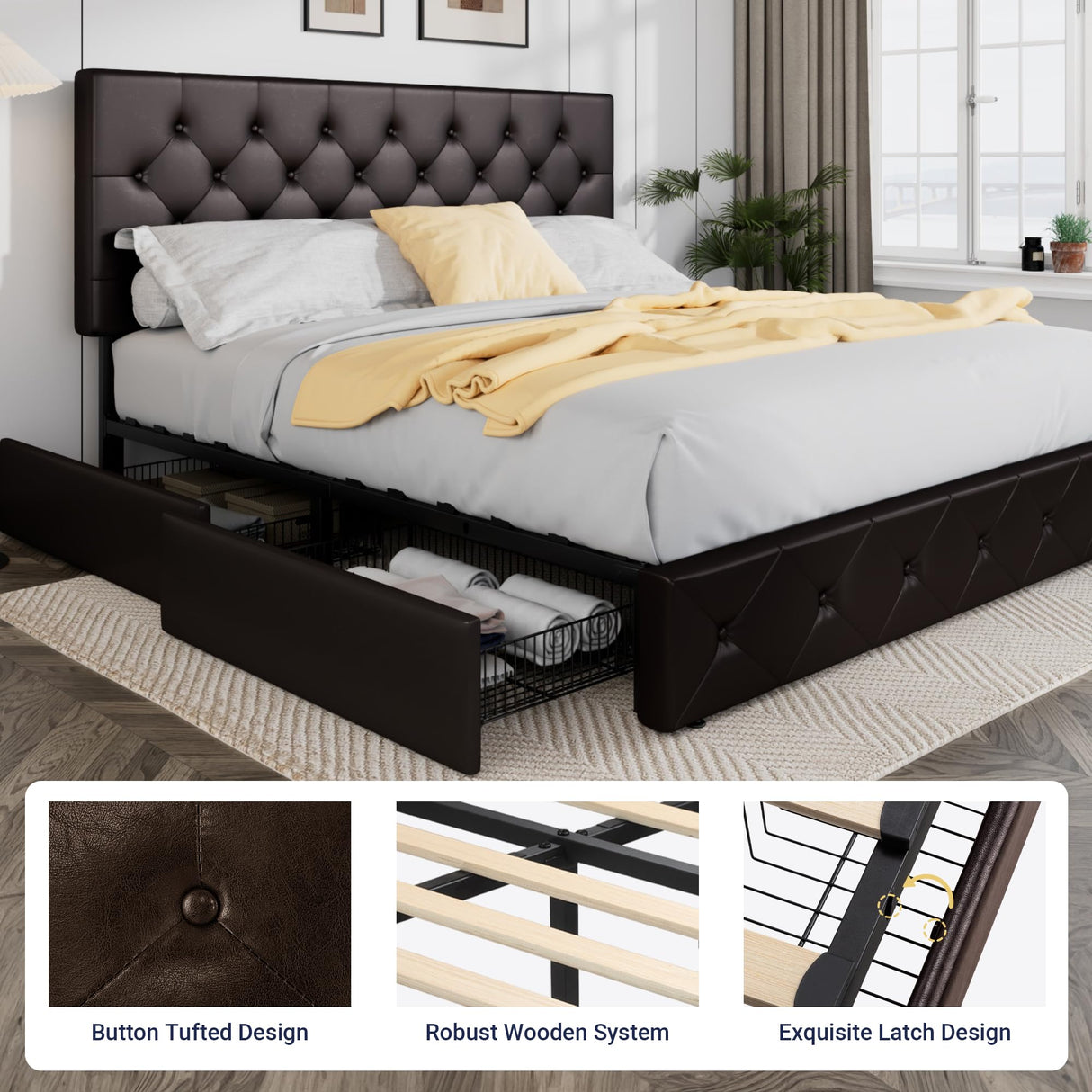 Allewie Upholstered King Size Platform Bed Frame with 4 Storage Drawers and Headboard, Diamond Stitched Button Tufted, Mattress Foundation with Wooden Slats Support, Black Brown Allewie