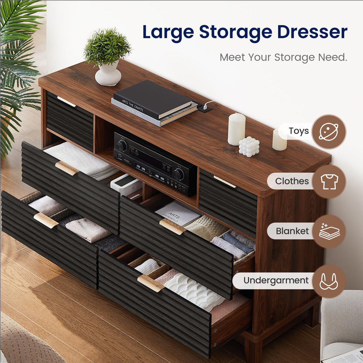 AOGLLATI Black Dresser for Bedroom with Slanted Louvre Design,Retro Chest of Drawers with Charging Station, Wooden Wide Led 6 Drawer Dresser for Bedroom,Living Room, Hallway, Black & Brown AOGLLATI