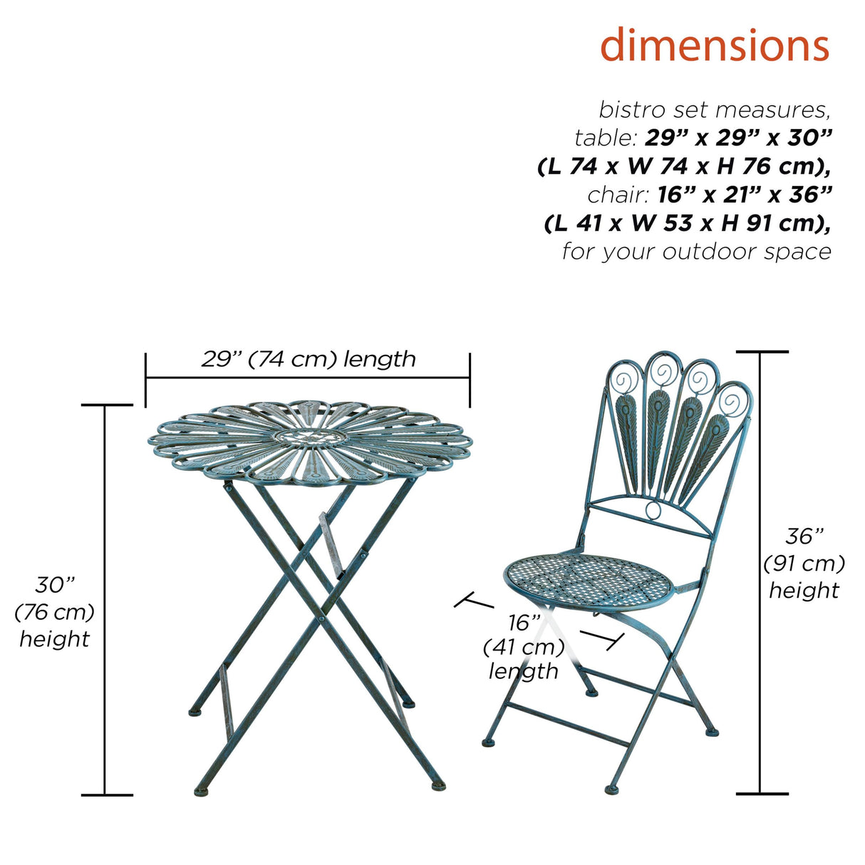 Alpine Corporation Indoor/Outdoor 3-Piece Peacock Feather Rustic Metal Bistro Set Patio Seating, Light Blue Alpine Corporation